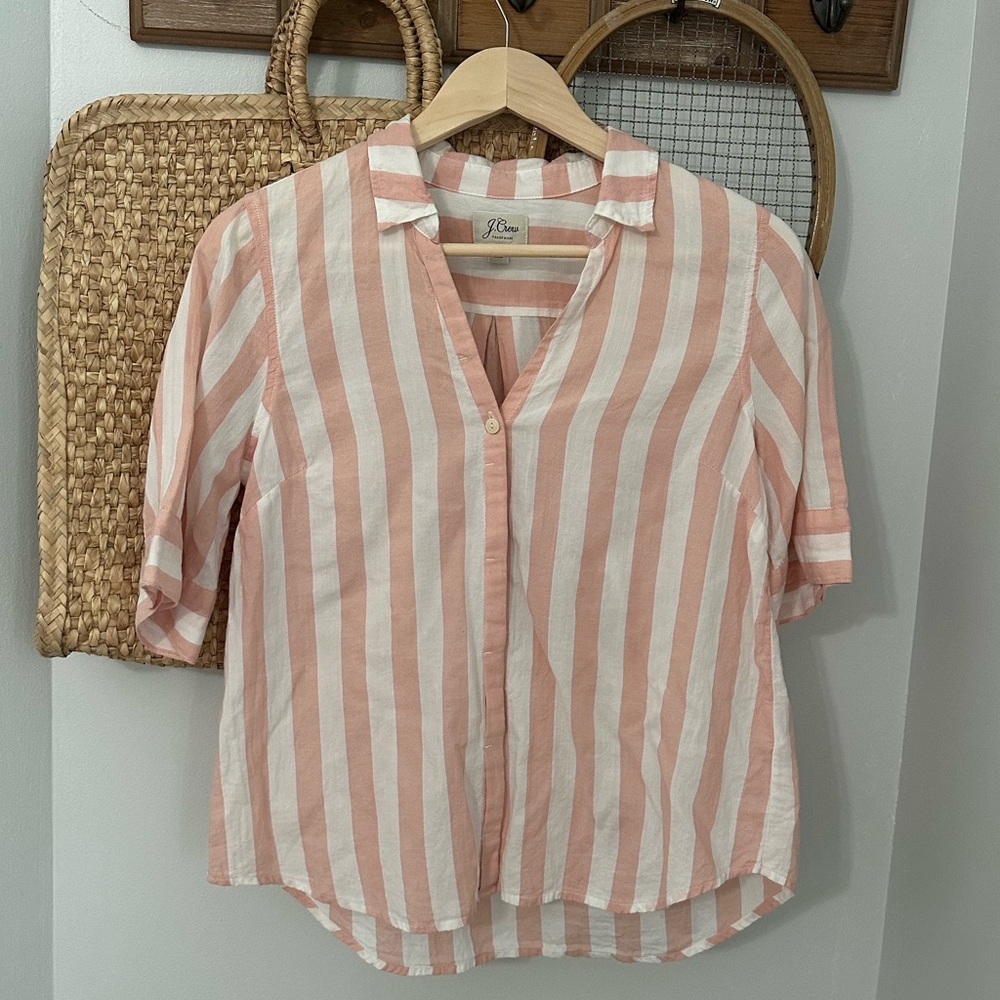J.Crew Pink and white striped cotton button up shirt